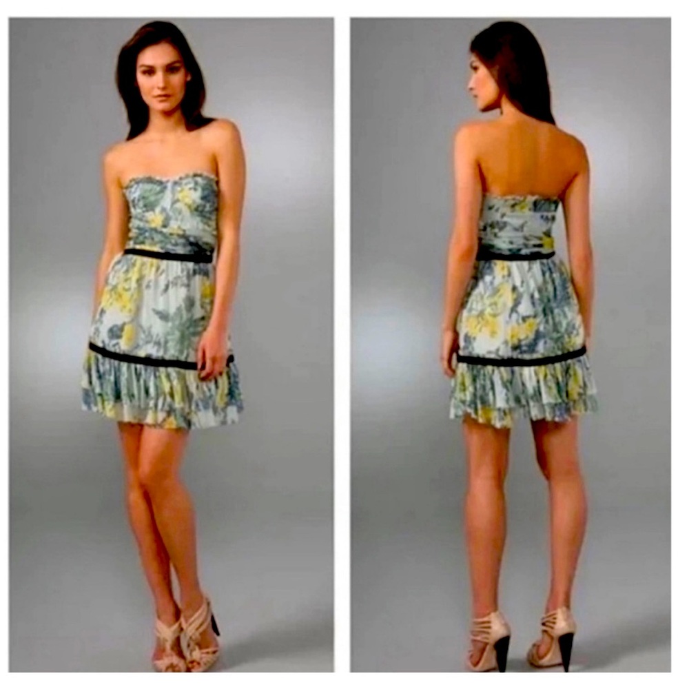 Elizabeth & James Green Floral Silk Strapless Dress Size 6